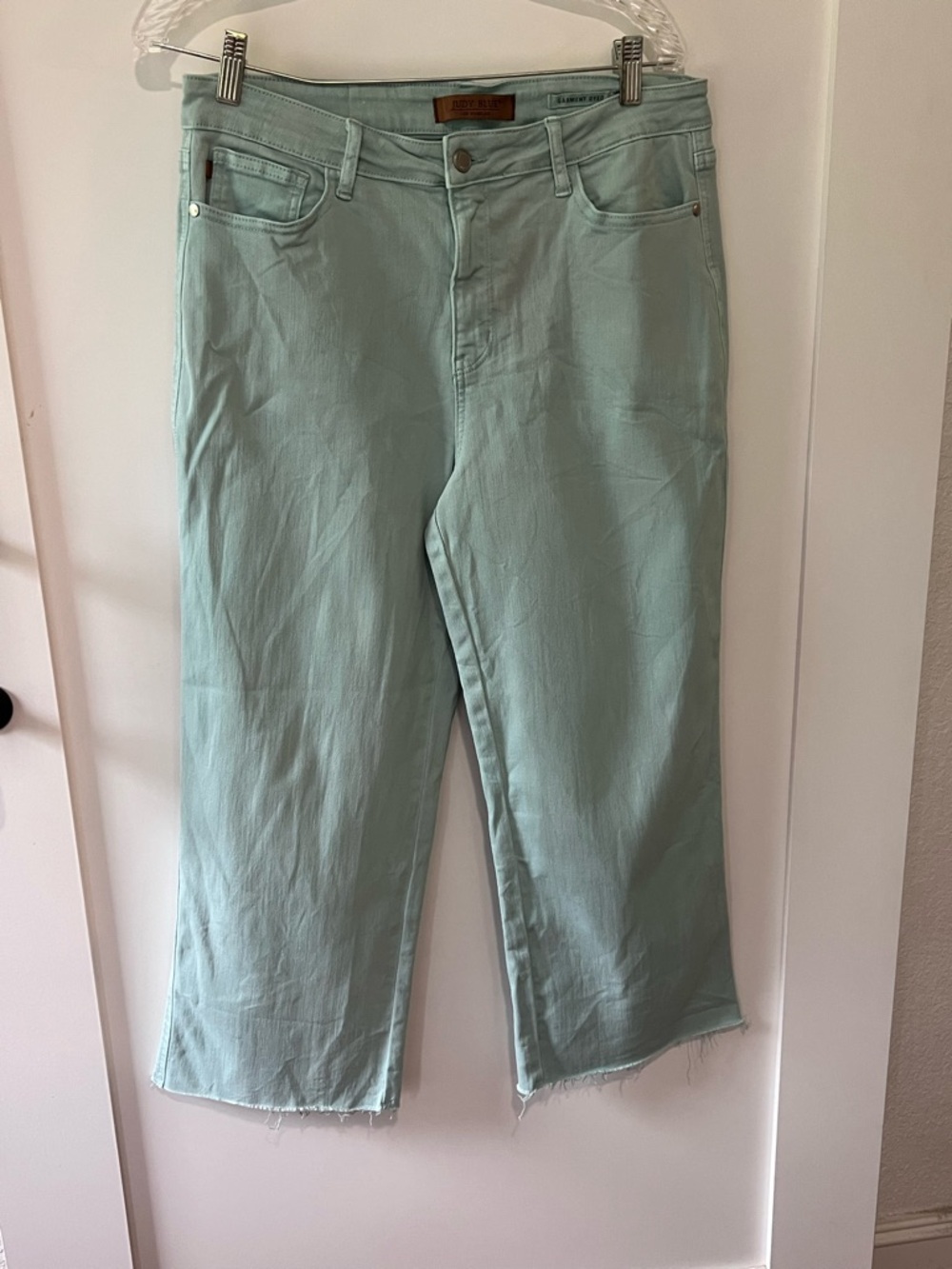 Judy Blue soft blue/mint color, Cropped Raw-Hem Jeans